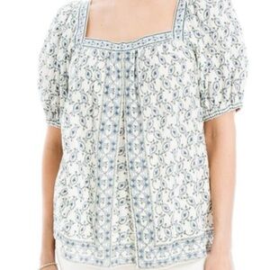 Max Studio White and Blue Floral Puff Sleeve Square-Neck Blouse